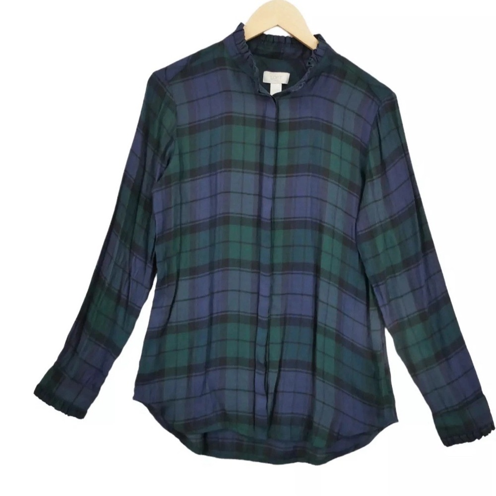 LOFT Women Plus 20 Blue & Green Plaid Ruffle Long Sleeve Button Down Shirt